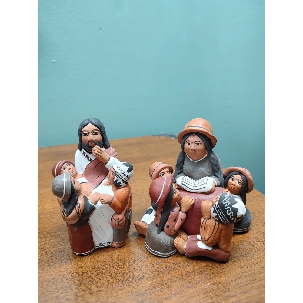 2 Vintage Peruvian Handmade Sculpture Red Clay Story teller Folk Art Maurelio H.